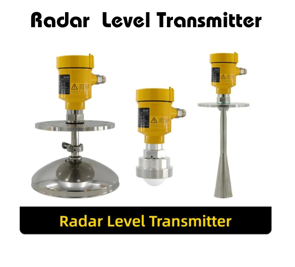 Three types of radar level transmitters with yellow tops and metallic bases, used for measuring levels in industrial applications